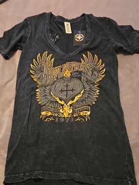AFFLICTION Black V-Neck Tee with Gold Eagle Graphic